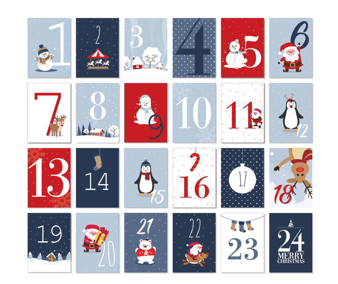 Adventskalender Karten Kinder blau/rot