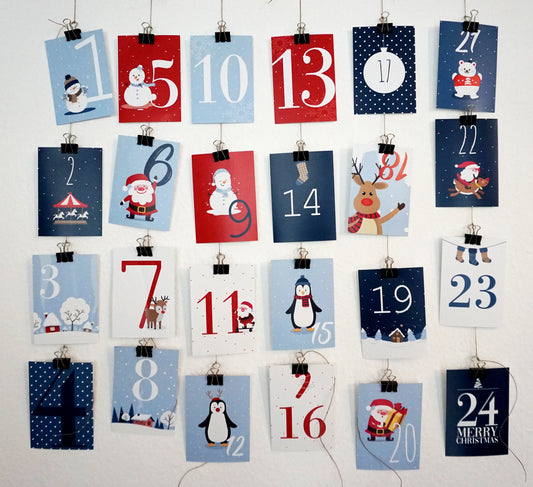 Adventskalender Karten Kinder blau/rot