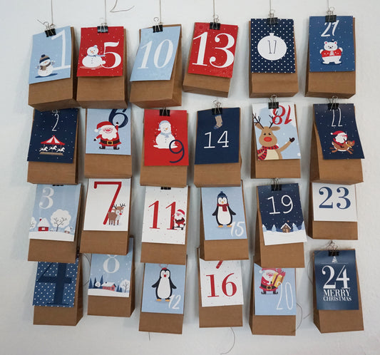 Adventskalender Karten Kinder blau/rot