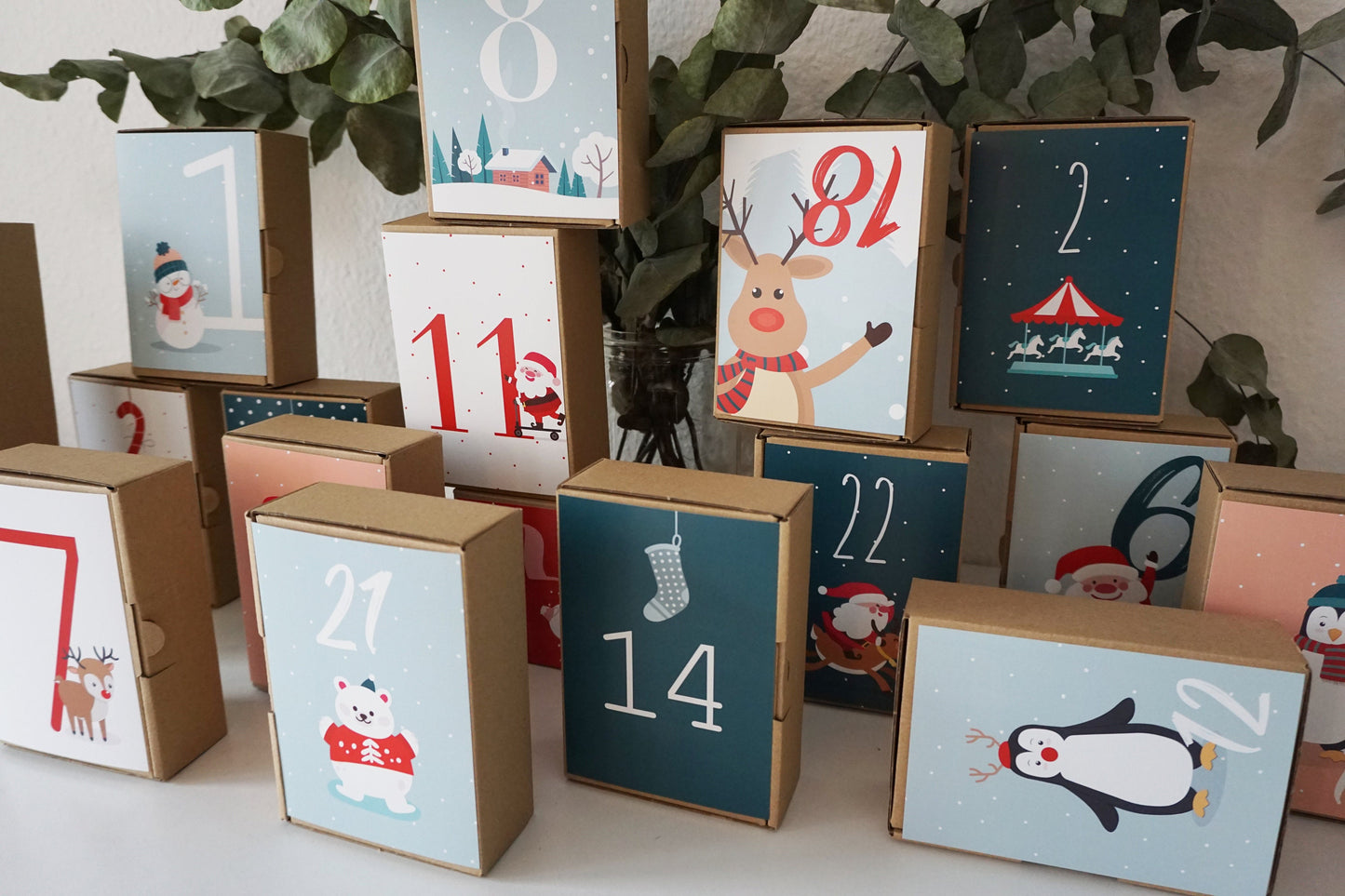 Adventskalender Karten Kinder grün-rot