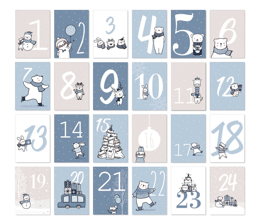 Adventskalender Karten Kinder hellblau