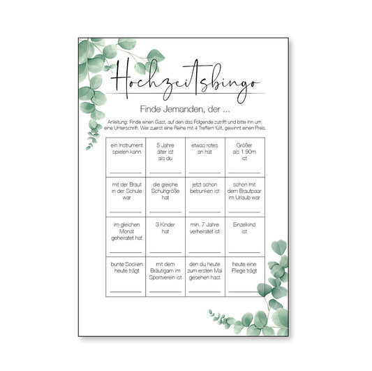 Hochzeitsbingo Karten A5 als PDF zum Ausdrucken
